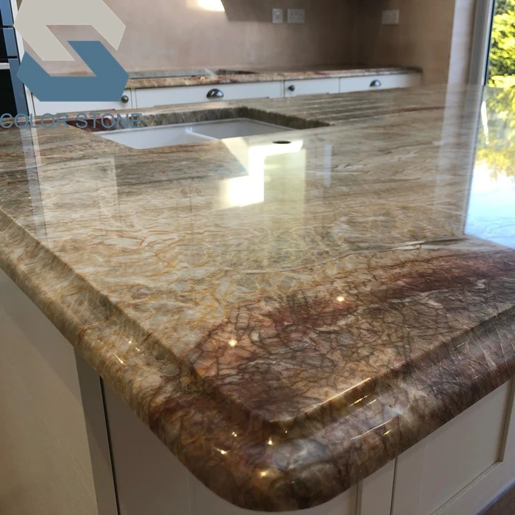 Natural Vintage Texture Stone Polished Green Gold Nacarado Quartzite Kitchen Worktop Countertop Waterfall Island