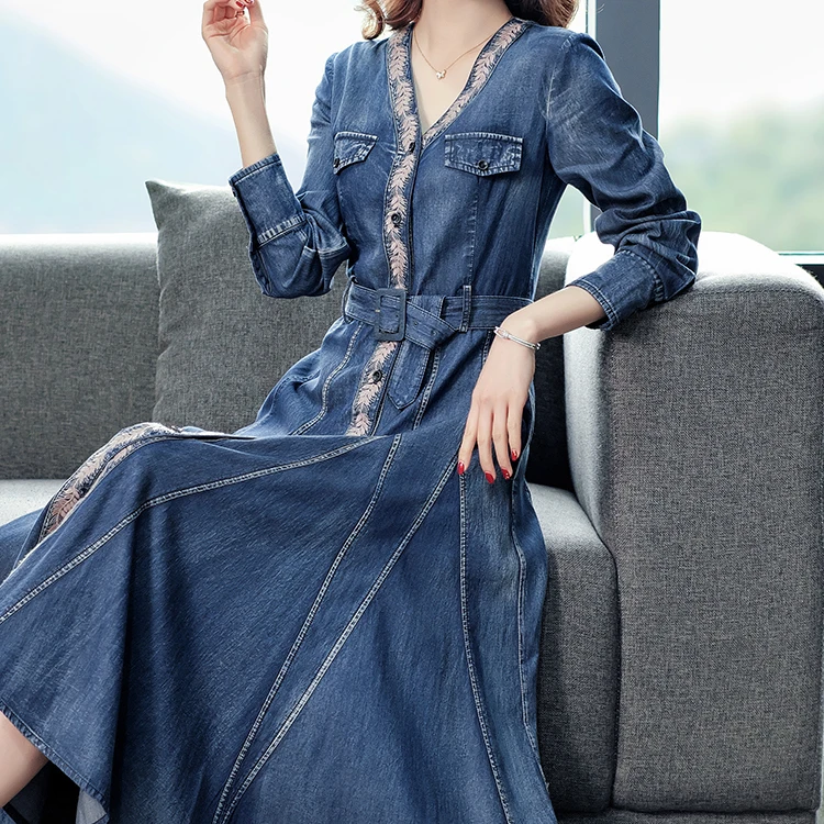 Factory Custom High Quality Comfortable Casual Style Robes Jeans Maxi Denim Dress