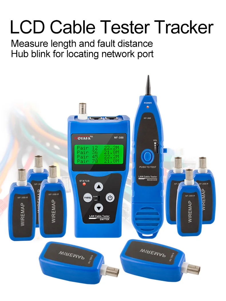 NOYAFA NF-388 LCD Wire Fault Locator test RJ45 RJ11 BNC and USB test Polarity and Voltage testing instrument with 8 remotes