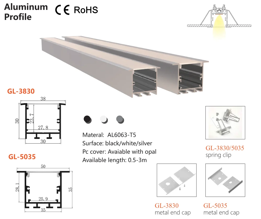 Glite concealed installation recessed mounted GL-3830/GL-5035 large size aluminium profile for LED lighting with spring chip