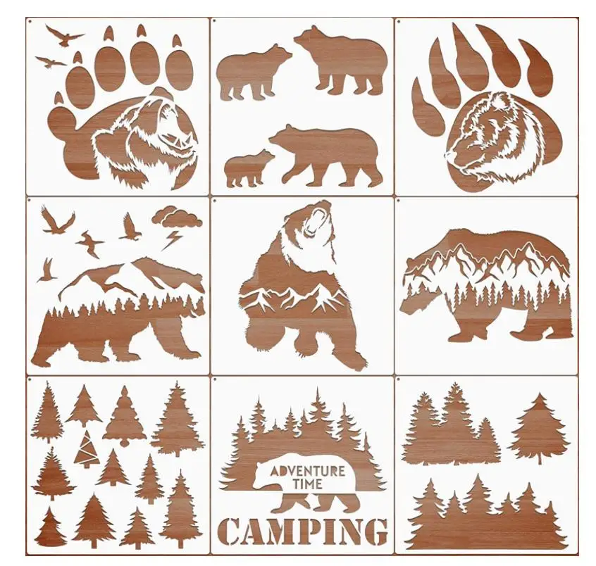 
9 Pieces Forest Bear Claw Stencil Kit Winter Porch Stencil Animal Reusable Mylar Template Stencils with Metal Open Ring 