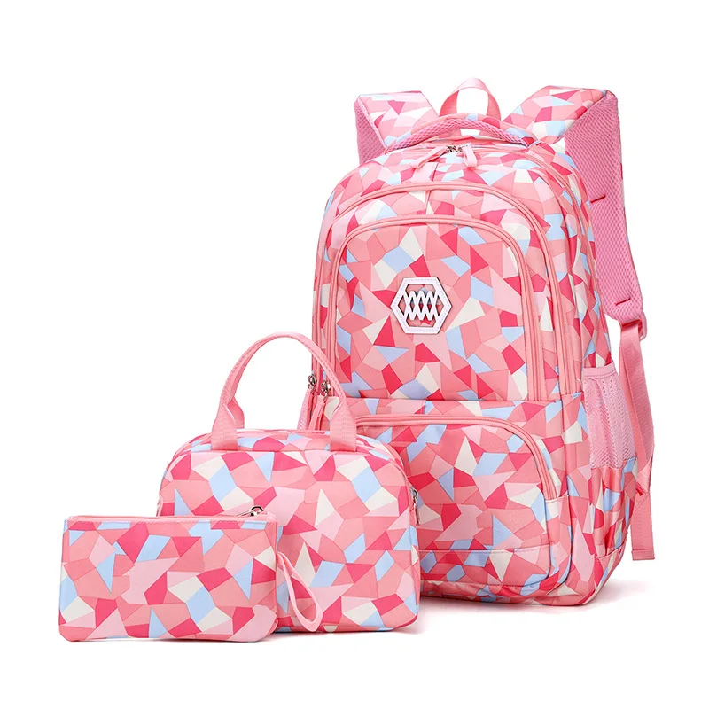 Large Capacity Three-Piece Set of Cartoon Geometric Pattern Schoolbag Junior High Backpack for Girls Primar