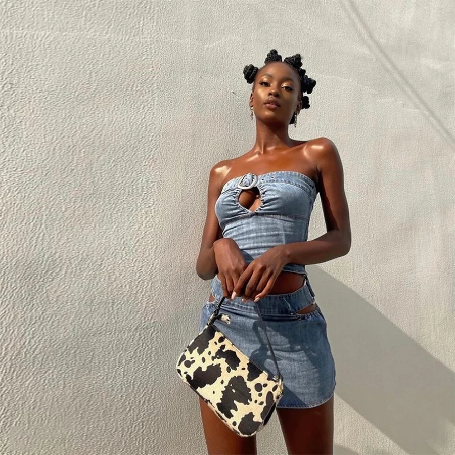 Kliou W21L00943 Summer Fashion Custom Wholesale Solid Blue Sleeveless Strapless Ripped Hole Vest Women Denim Crop Top Tank Top