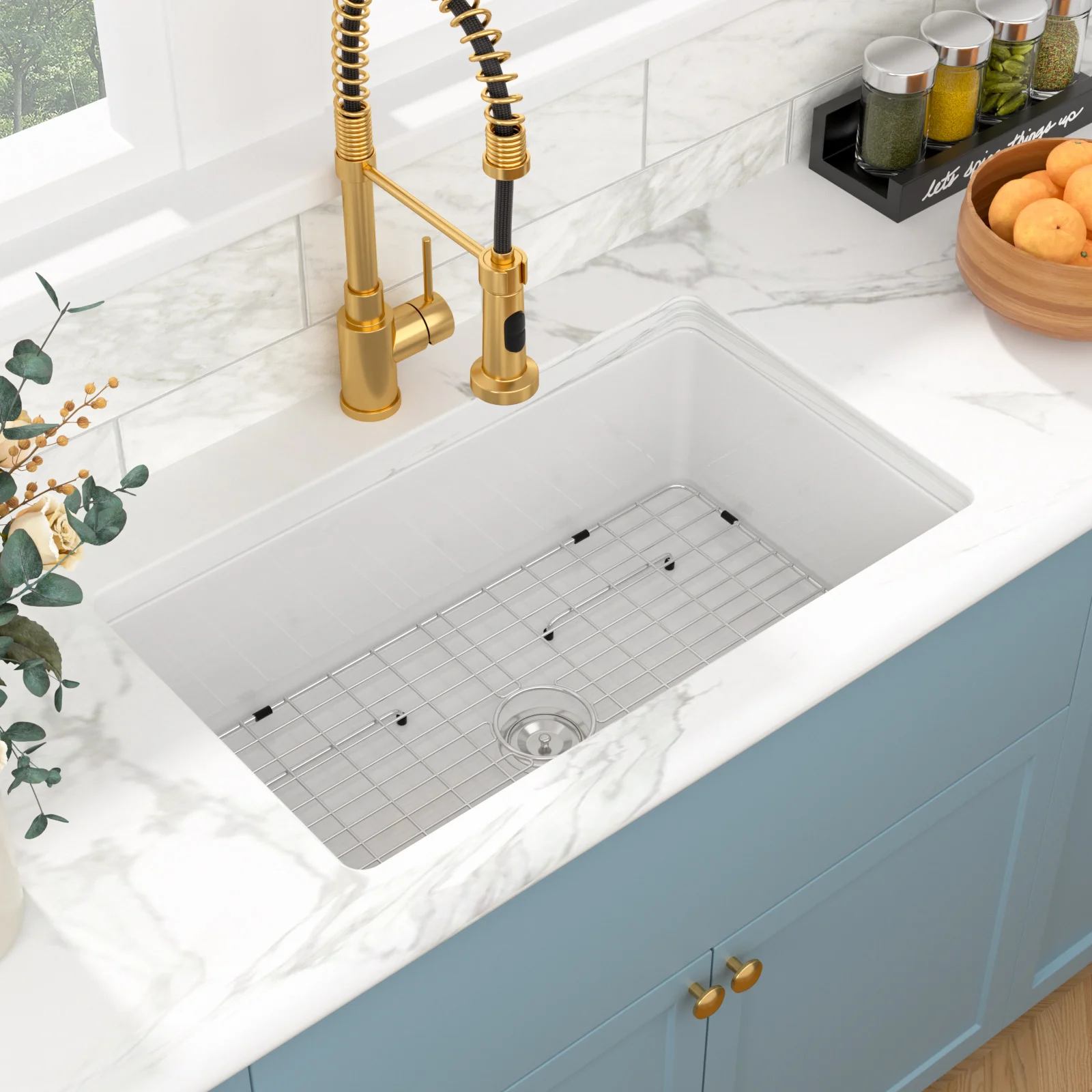 32 inch White Sink Fireclay Undermount Single Bowl Kitchen Sink Deep Drop In Farm Sink  with Modern Accessory Kit Wholesale