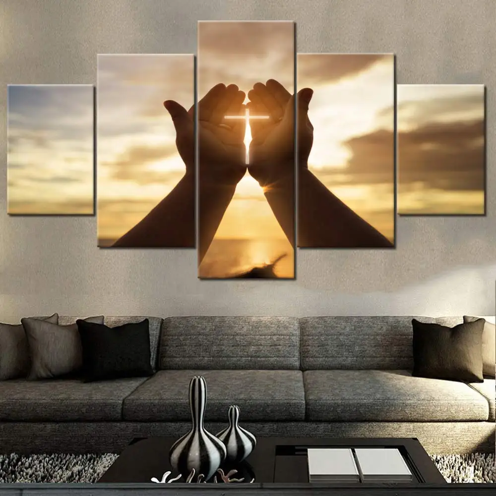 Home Rooms Wall Decor 5 Pcs  Wall Art Poster  Christmas Pictures Jesus Cross Hand Pray  wall painting