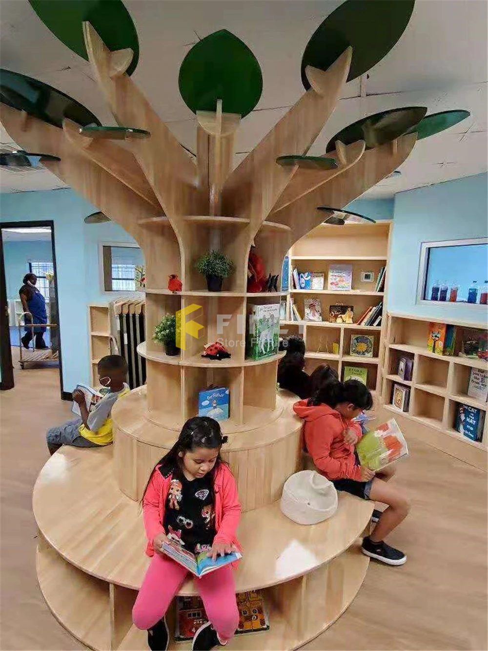 Custom Library Interior Decoration Layout Design Metal Steel Book Shelf Table Library Wooden Furniture