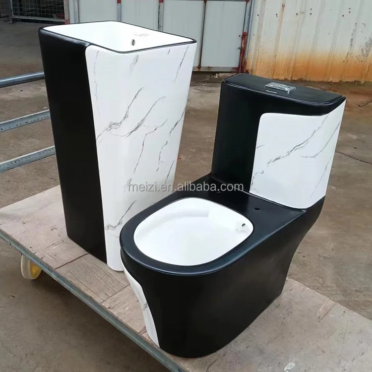 Ceramic supplier wc sanitary ware black and marble color hand wash one piece design toilets and sink