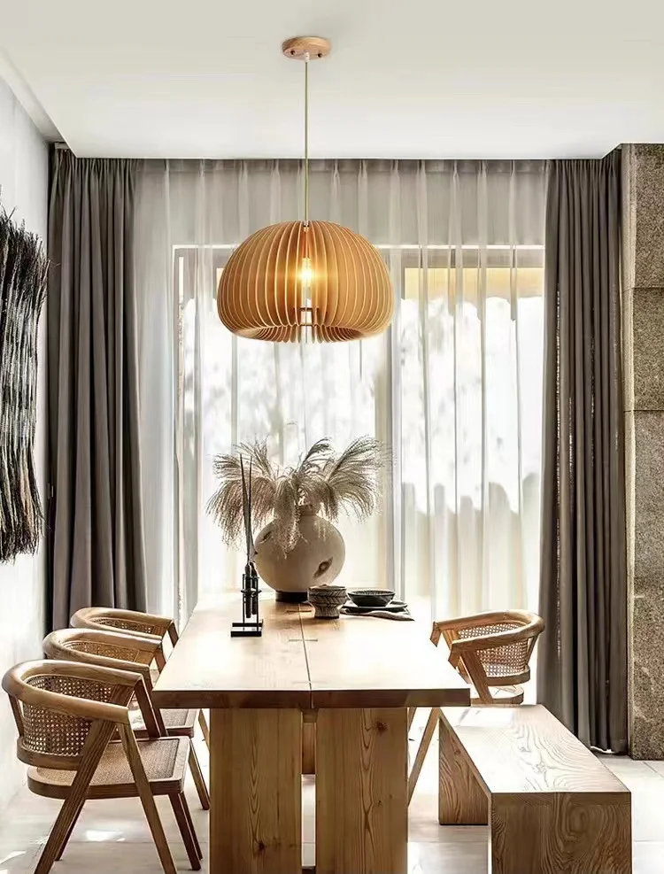 Kitchen Decorative E27 Hanging Lamp Dining Room Pumpkin Shade Bamboo Pendant Lamp Hotel Cheap Nordic Modern Wood Pendant Light
