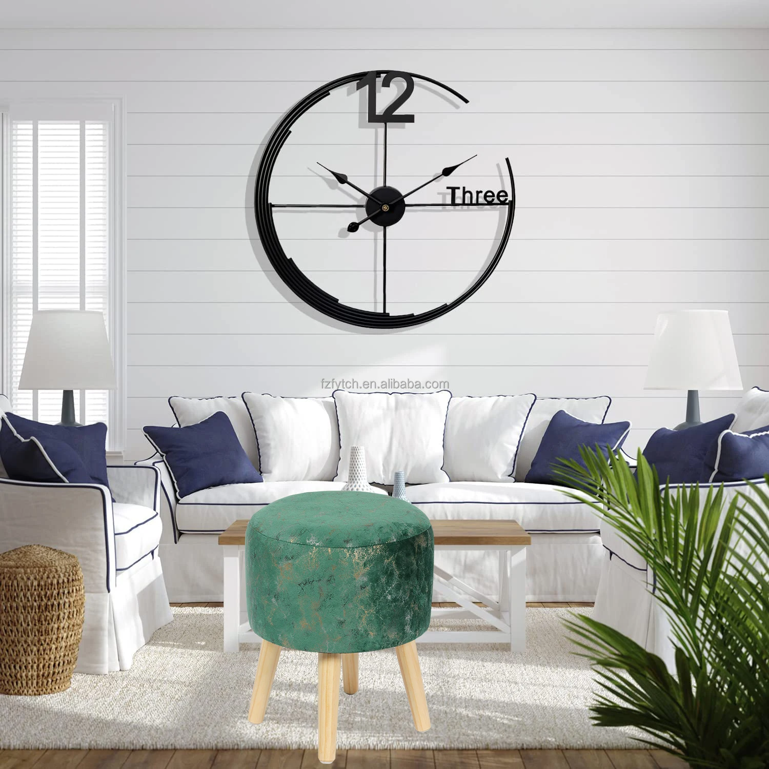 Ottoman Manufacturer Round Fabric Wood Leg Ottoman