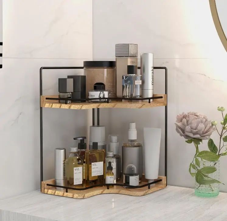2 Tier Counter Storage Corner Shelf Vanity Tray L Shaped Corner Counter Organizer for Bathroom