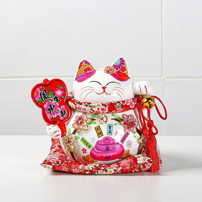 9 Inch Japanese Maneki Neko Lucky Cat Ceramic Statues with Cushion and Bells,Ceramic Fortune Cat Piggy Bank Money Bank for Kids