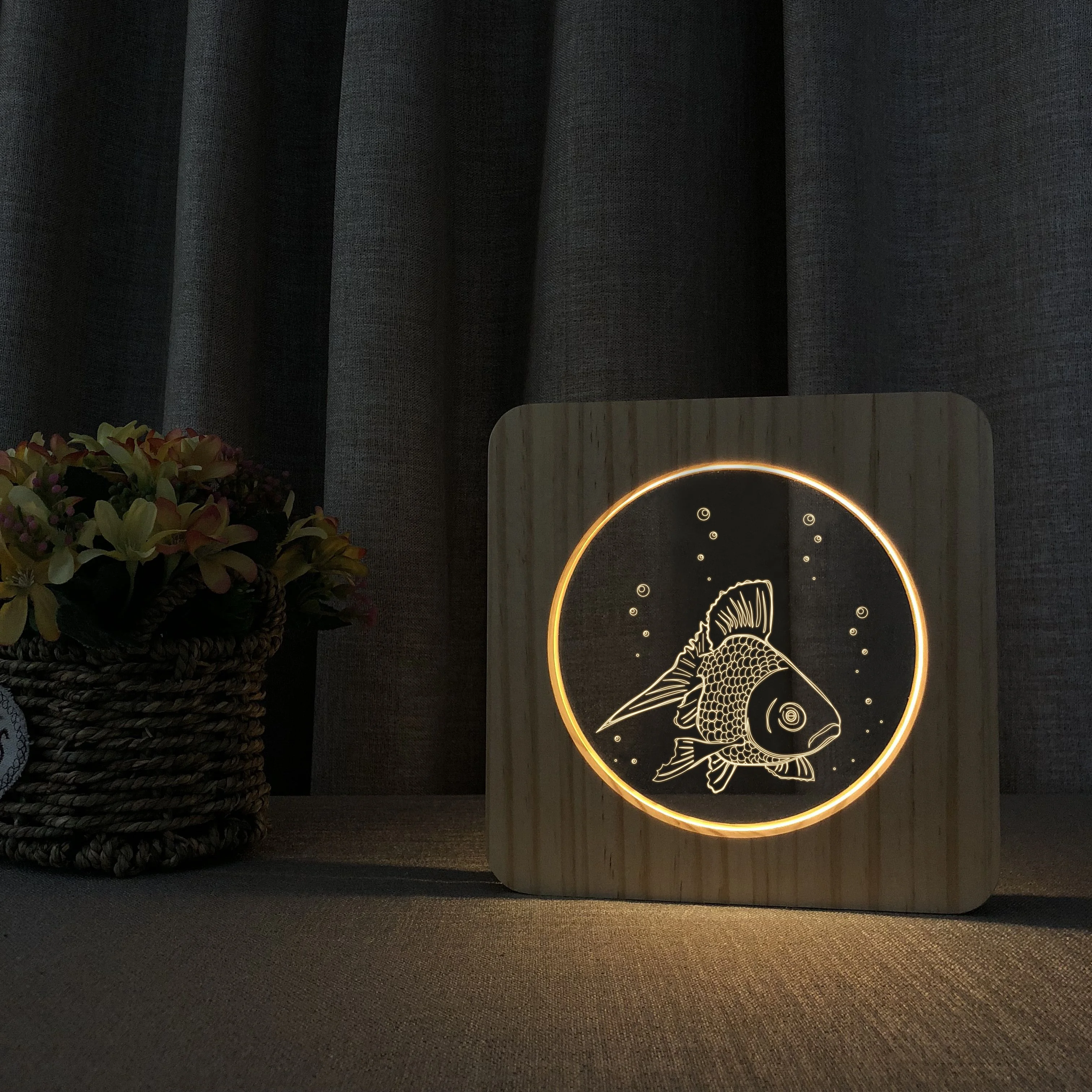 Seabed Fish Wood Warm Light Laser Engraving Marine Life Pattern Acrylic Wood Lamp LED Inner Adjustable Bedside Lamp