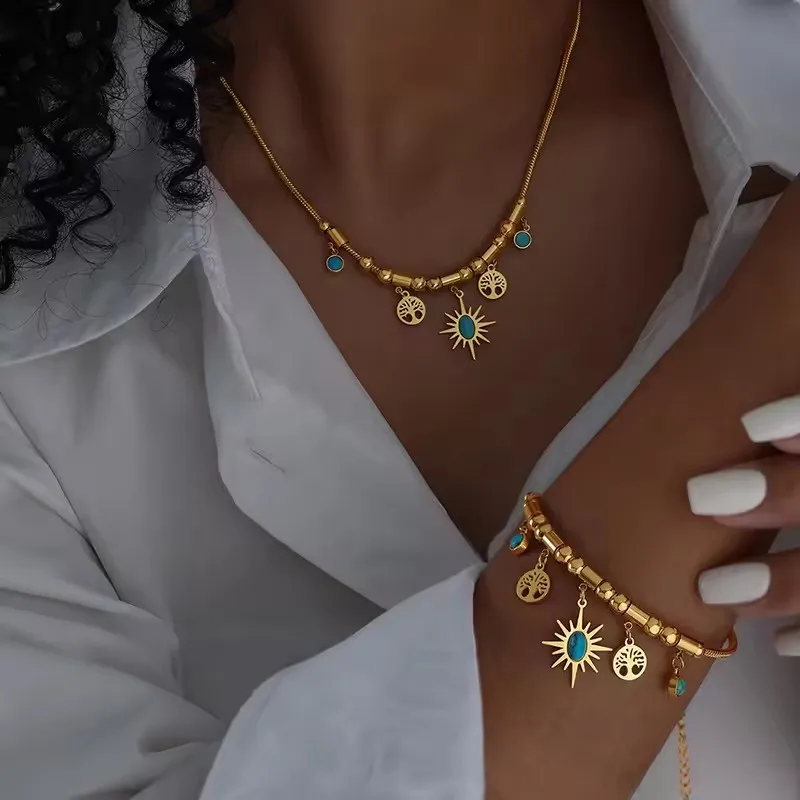 Vintage Stainless Steel 18k Gold Plated Sun Pendant Turquoise Charm Necklace For Women Retro Jewelry