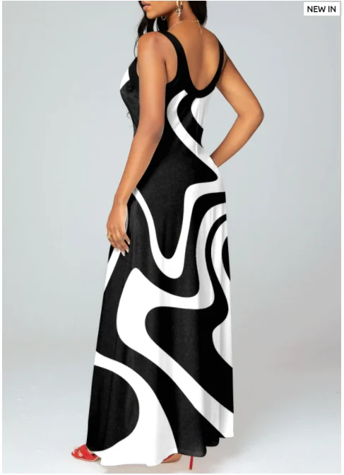Casual Dress Print Women 2023 Criss Cross Geometric Print Black Maxi Dress