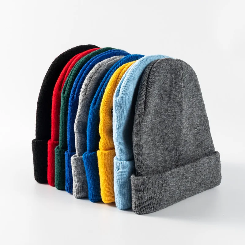 Knitted Hat Winter Warm Men's and Women Beanie Hats for Outdoor Wear Customized Embroidered Plush Unisex Logo Solid Color