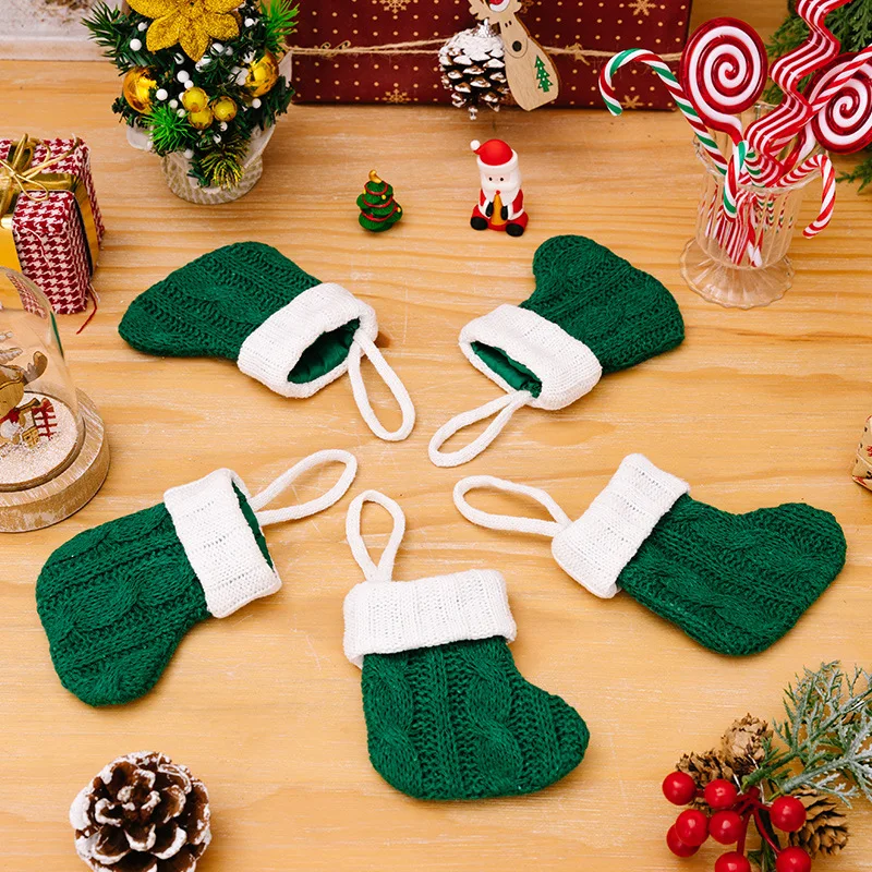 Wholesale Christmas Green Knitted Mini Stocking Ornaments for Xmas Tree Hanging Decor