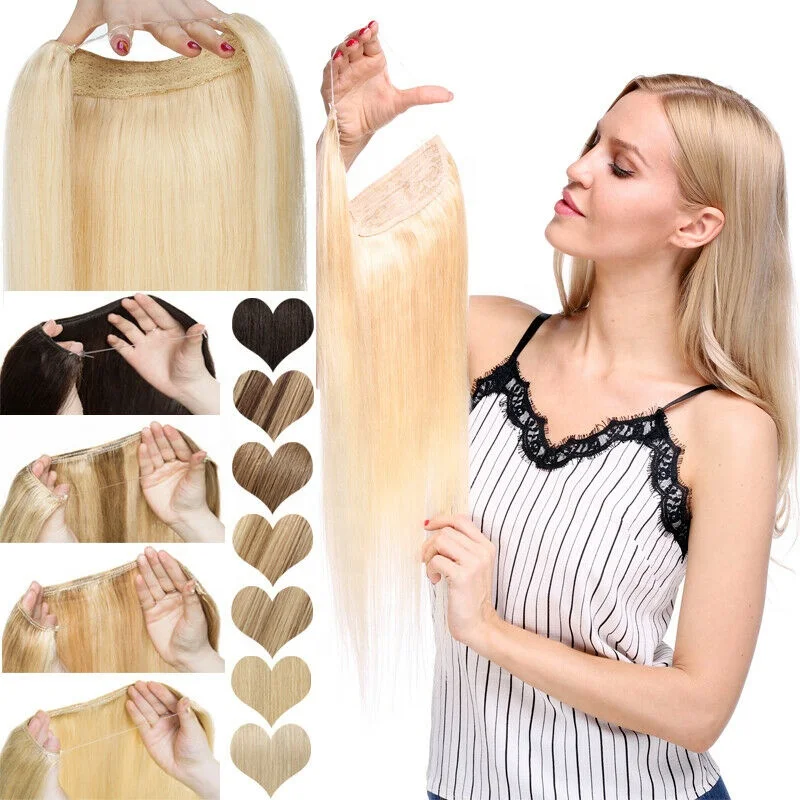 
16-22inch all color no clips no glue 100% Remy Human Hair Fish Wire Hair Halo Hair Extensions 