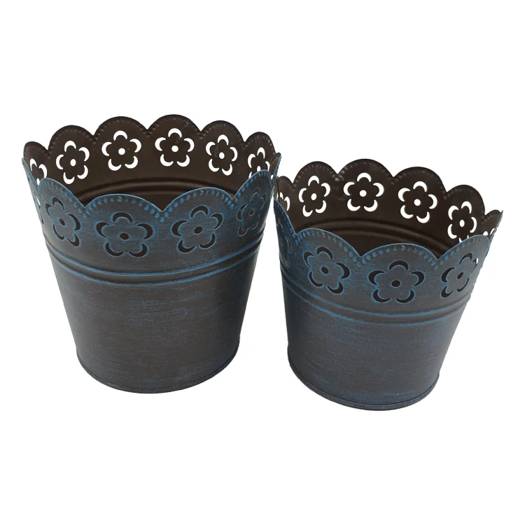 Retro mini flower pot High quality Metal flower bucket Galvanized Round Metal Outdoor Indoor Lace barrels