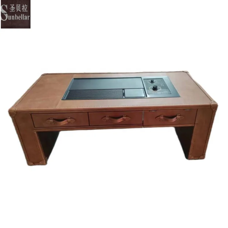 customized multi-function coffee table wood trunk genuine leather storage drawers luxury tea table living room center table