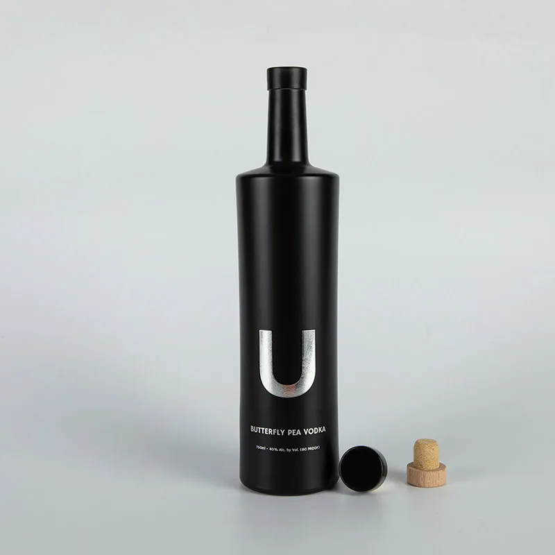 Unique flat shoulder glass spirits bottle custom white black liquor spirits glass bottle for vodka gin whiskey