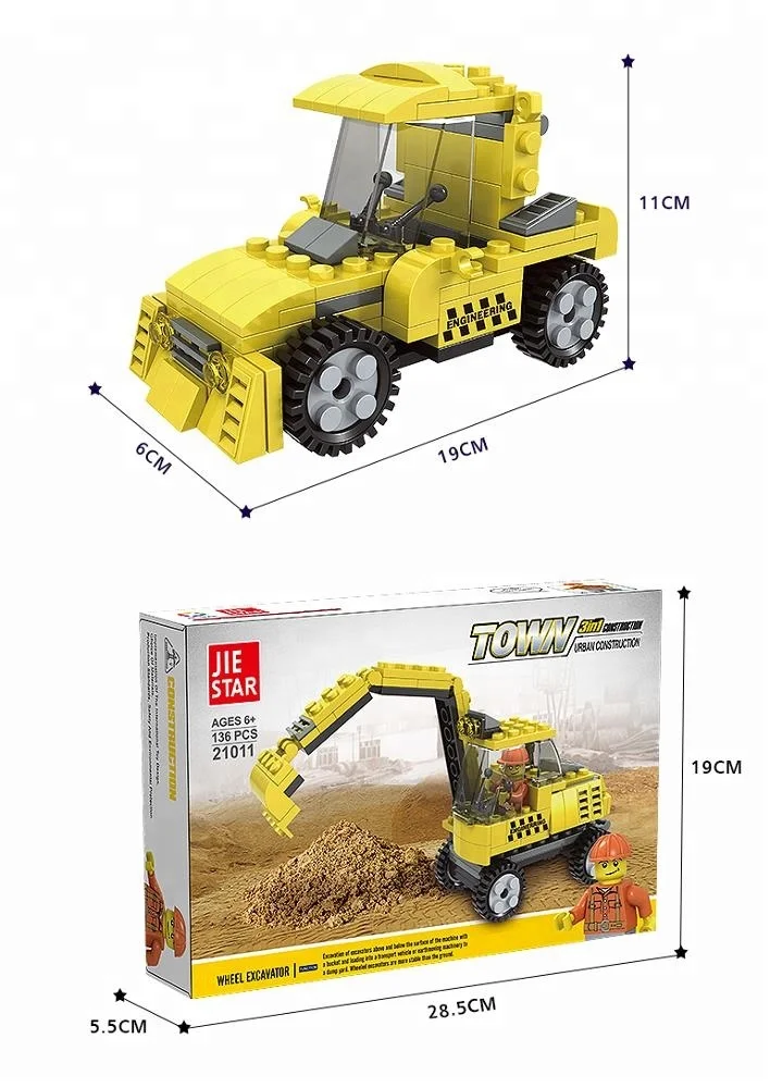 JIESTAR TOYS town series 136 pcs children diy small engineering excavator model moc construction building toy with figures