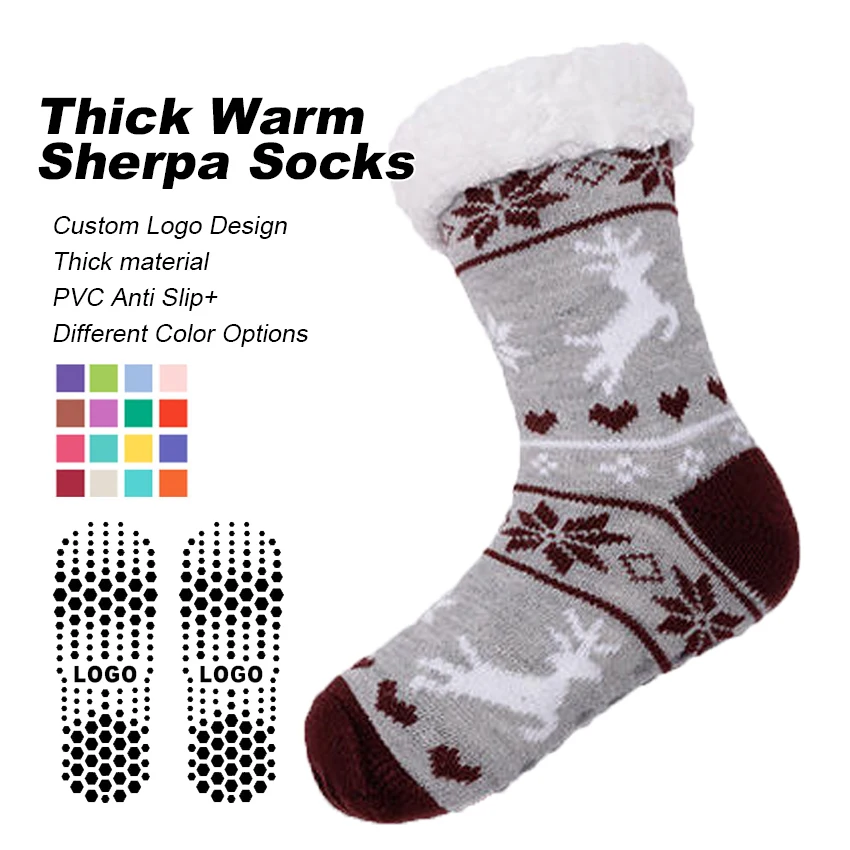 Wholesale Winter Warm Fur Lined Sherpa Socks Non Slip Women Thick Christmas Slipper Socks
