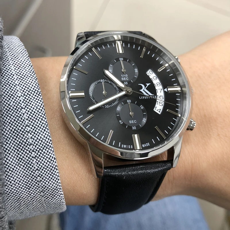 3ATM Water Resistant Genuine Leather Strap 43mm Stainless Steel Case Japan Movement Chronograph Watch