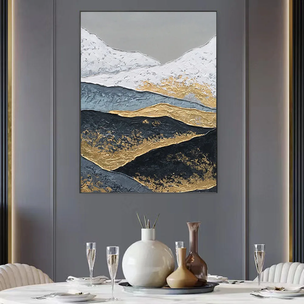 Oil Hand Painted Picture Black and White Artwork Obsidian Mountain  Snow  abstract canvas oil painting  gold for profesional