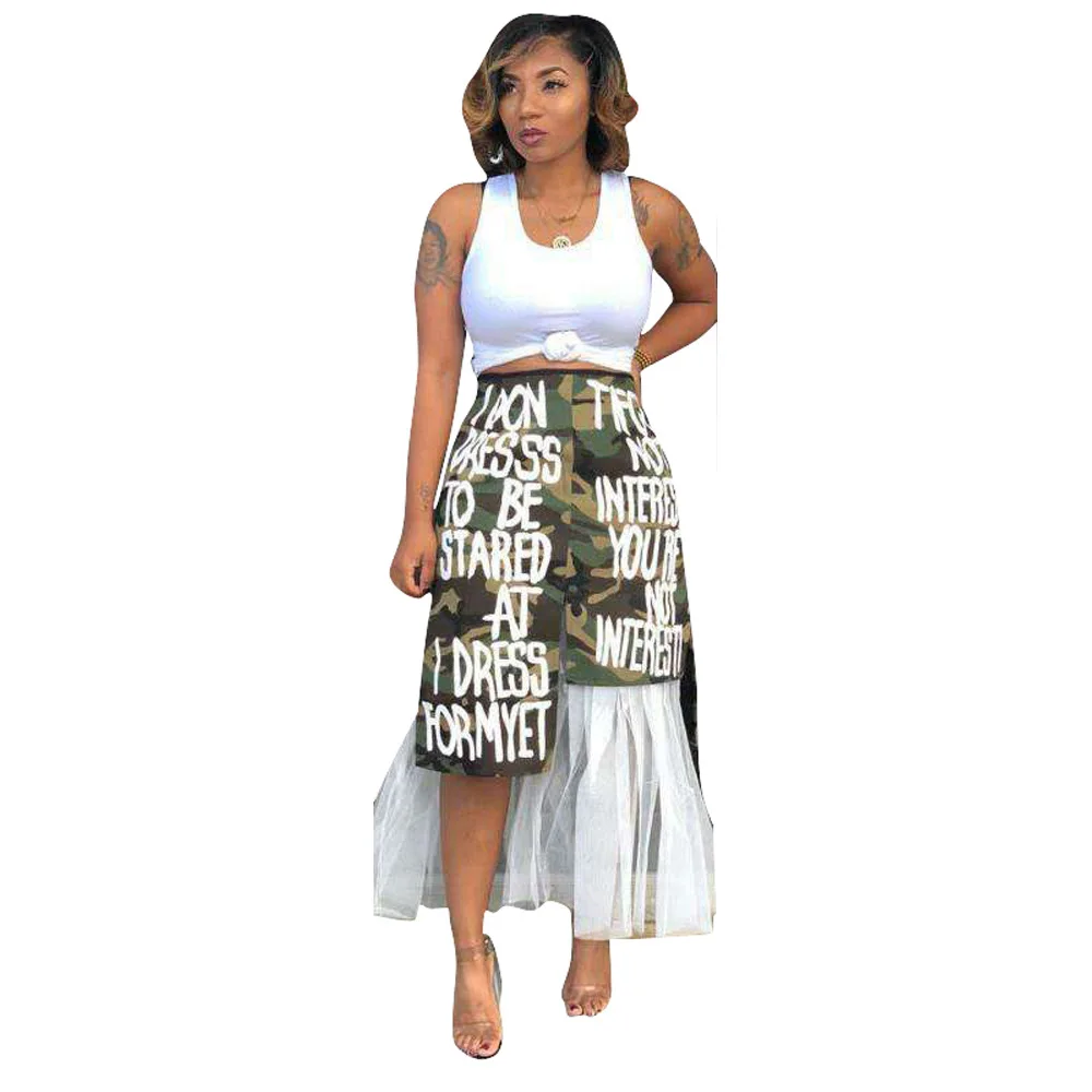 2021 Summer New Design Women Fashion Print Camouflage Mesh Stitching Leisure Skirt
