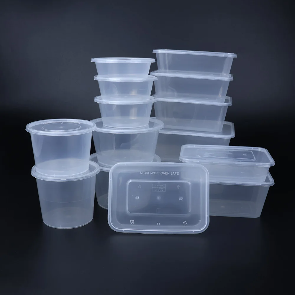 Disposable Clear White Black Round Rectangular Plastic Food Container Box with Lid Commonly Used in Chinese Restaurants