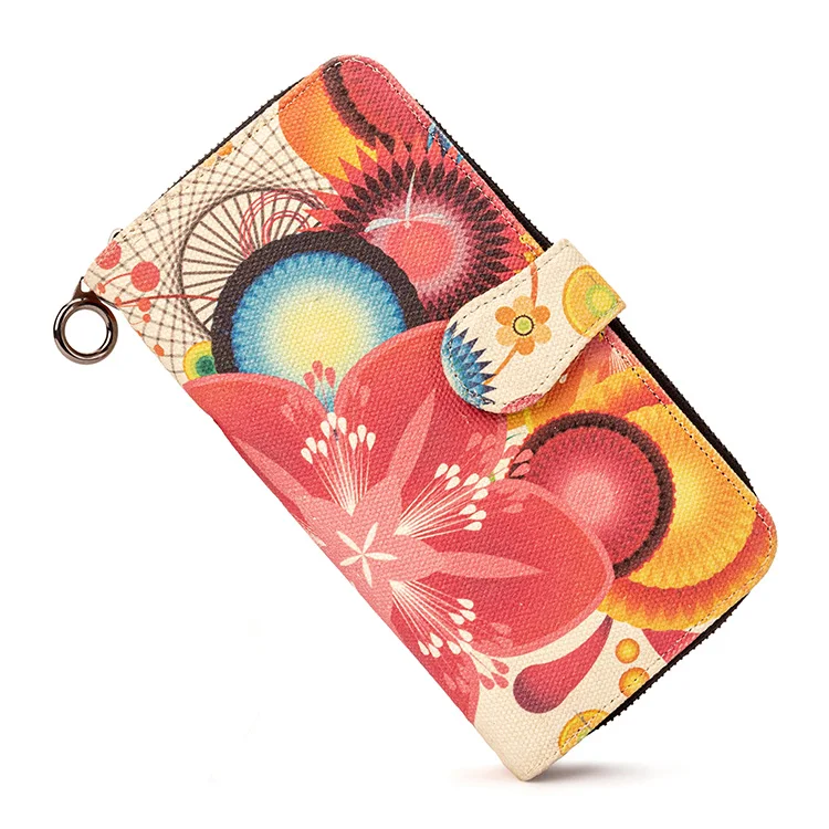 Beautiful Multi-style Canvas Women Wallet Mobile Phone Bag Large Capacity Coin Purse With Wrist Strap