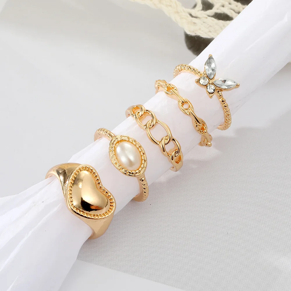 Retro inlaid pearl chain ring diamond butterfly open ring ins style ring set 15 pieces