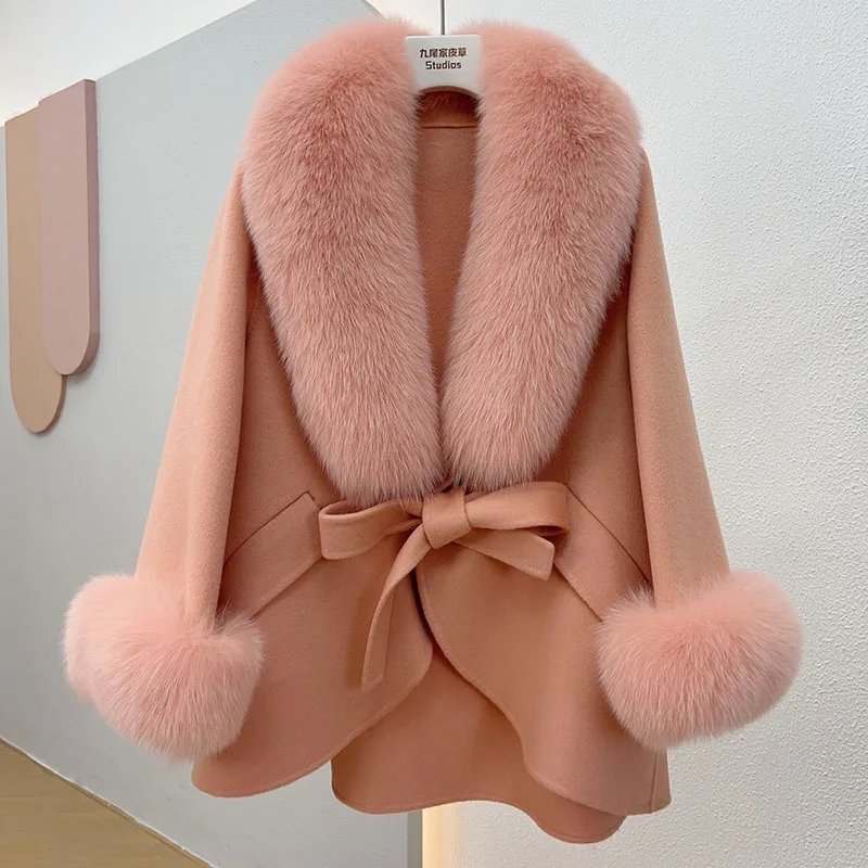 2024 New Women Real Wool Blended Coat With Real Fox Fur collar Fashion Loose Woollen Jacket Outwear Genuine Fox Fur Cuff