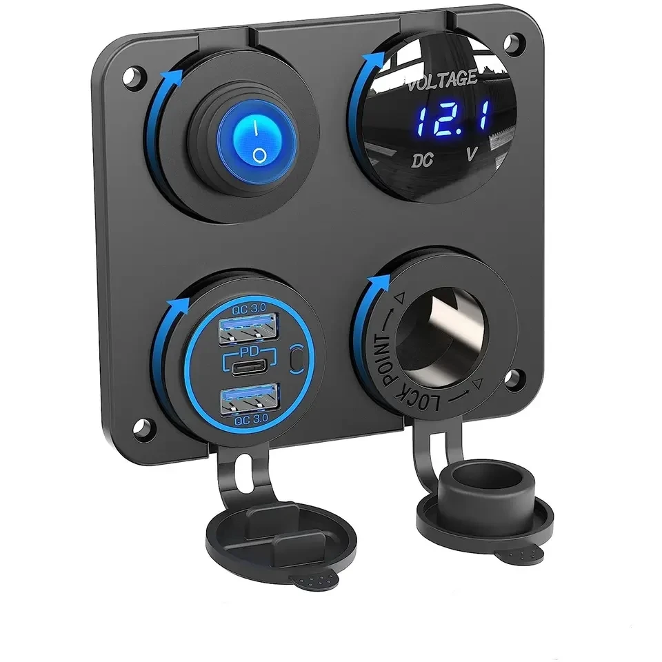 56W QC Car Charger Switch Panel Voltmeter Dual USB Socket 12V Cigarette Lighter ON/Off Rocker for Camper Moto Power Adapter