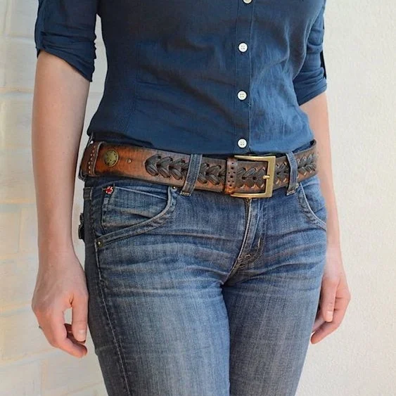 
Women Leather belts all Color with Lace Work Metal Buckle Edge Finish 