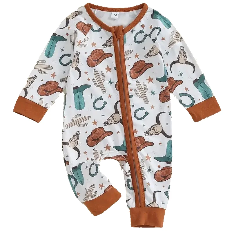Western Baby Boy Girl Fall Clothes Cow Print Long Sleeve Romper Full Zip Up Jumpsuit Country Cowboy Cowgirl Outfit Fall Winter