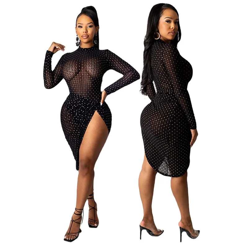2022 Women Lady Elegant Sparkly Long Sleeve Party Sling Women Dresses Rhinestone Sexy Split Dress Mesh Slim Casual Dress
