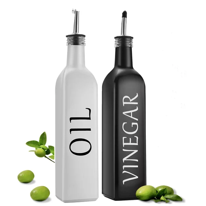 Custom 500ml 17oz Black White Square Cubi Glass Oil Vinegar Dispenser Bottle With Pourer Lid