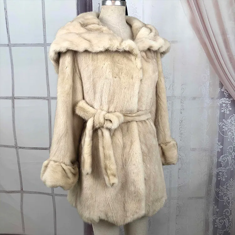Women Big Hood Winter Real Mink Fur Coat Warm Soft Vintage Clothes Plus Size Scallop Hem Jacket Genuine Natural Fur Mink Coats