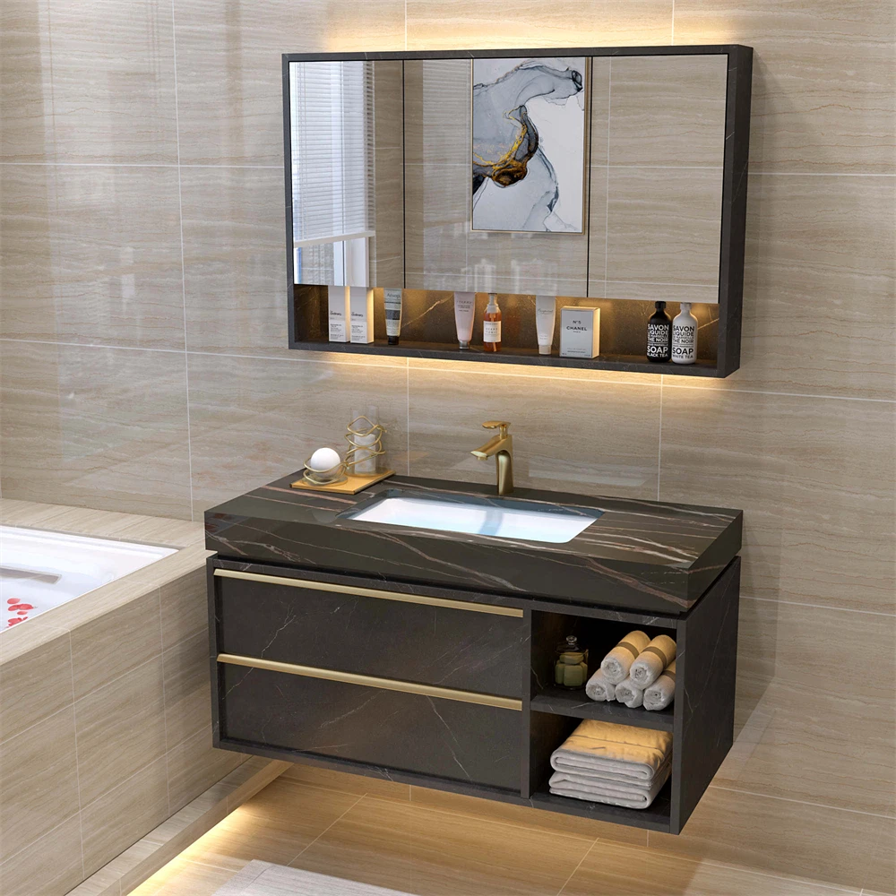 Fashion modern single sink bathroom furniture bath vanity combo with storage mirror cabinet