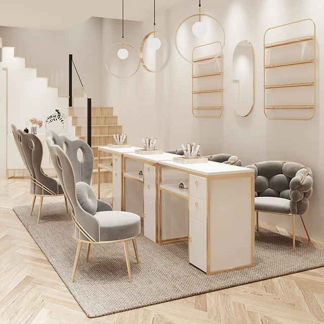 
Wholesale Fashion Vanity Luxury Modern Nail Table Wood Commercial Beauty Salon Furniture Gold Metal Manicure Table with Drawers 