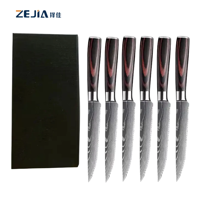 Damascus Steel Steak Knife laser pattern Wholesale Custom Sharp Serrated Blade Kitchen Steak Knife With Gift Box