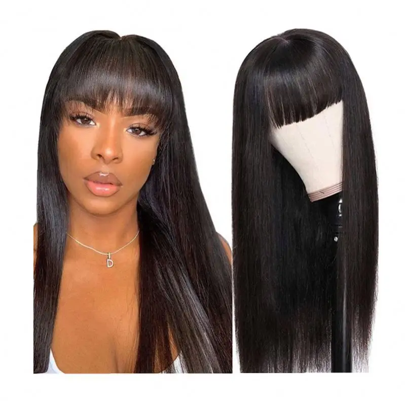 ISWEET 180% Density Brazilian Straight Human Hair Wigs Remy Full Machine Made Human Hair Wigs With Fringe For Black  Women