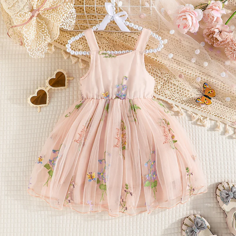 2024 Hot Wholesale Children Clothes Girls Summer Sleeveless Lace Mesh Dress Floral Embroidered Clothing Kids Dresses