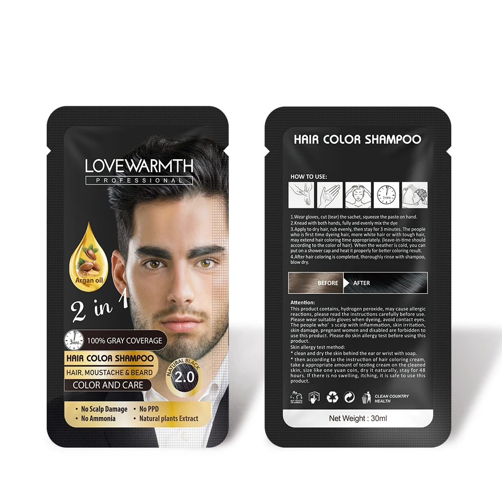 Ammonia Free Hair Color Shampoo 100% Gray Coverage Argan Oil Colorful Plastic Bottle 2.0 Black Color Shampoo