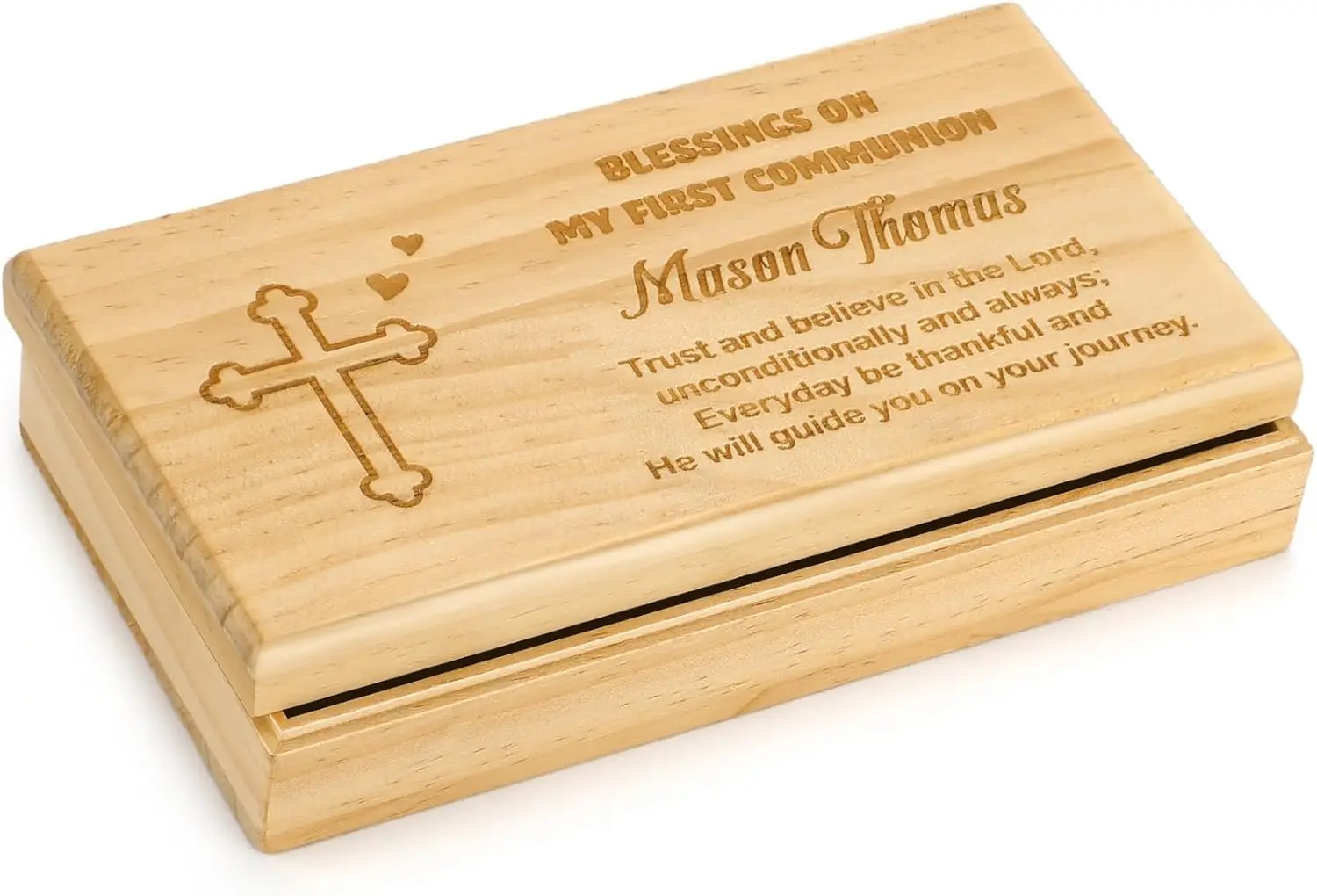 Wooden Engraved First Communion Valet Cross Rosary  Box for Rosary Beads, Keepsakes, Small Jewelry