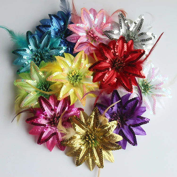 Event Wrist flower wedding party decor beauty sequin flower hair clip with feather
