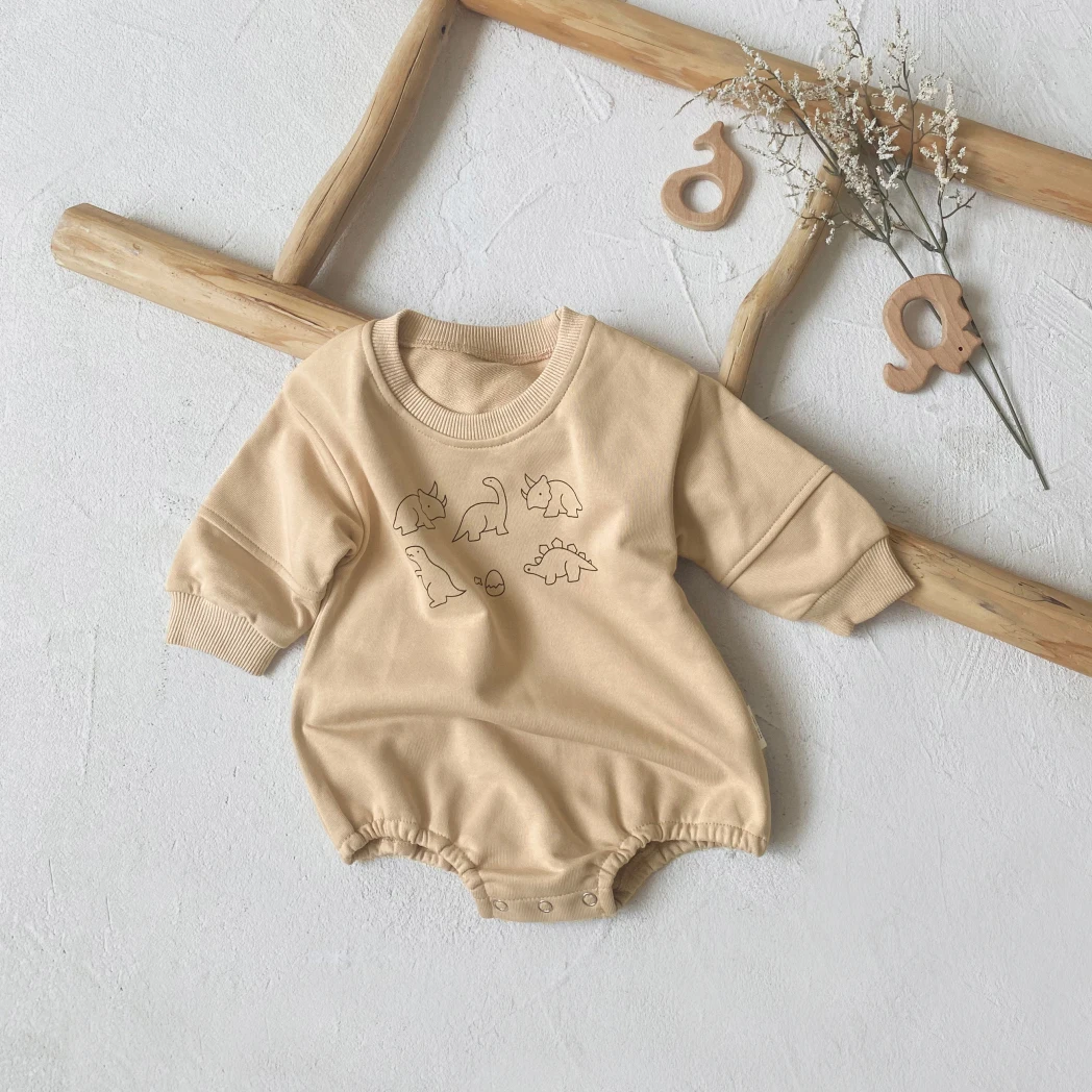 Autumn dinosaur print pattern bodysuit baby onesie baby outside wear casual wrap-around baby jumpsuit