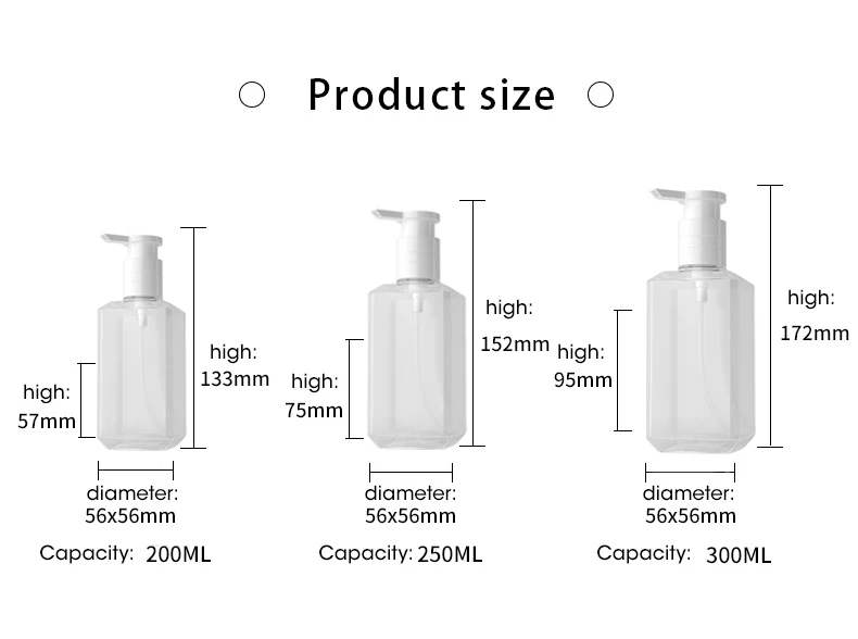 200ml 250ml 300ml 7oz 8oz 10oz PET Square Pump Clear Transparent Flat Lotion Shampoo Bottle 300ml