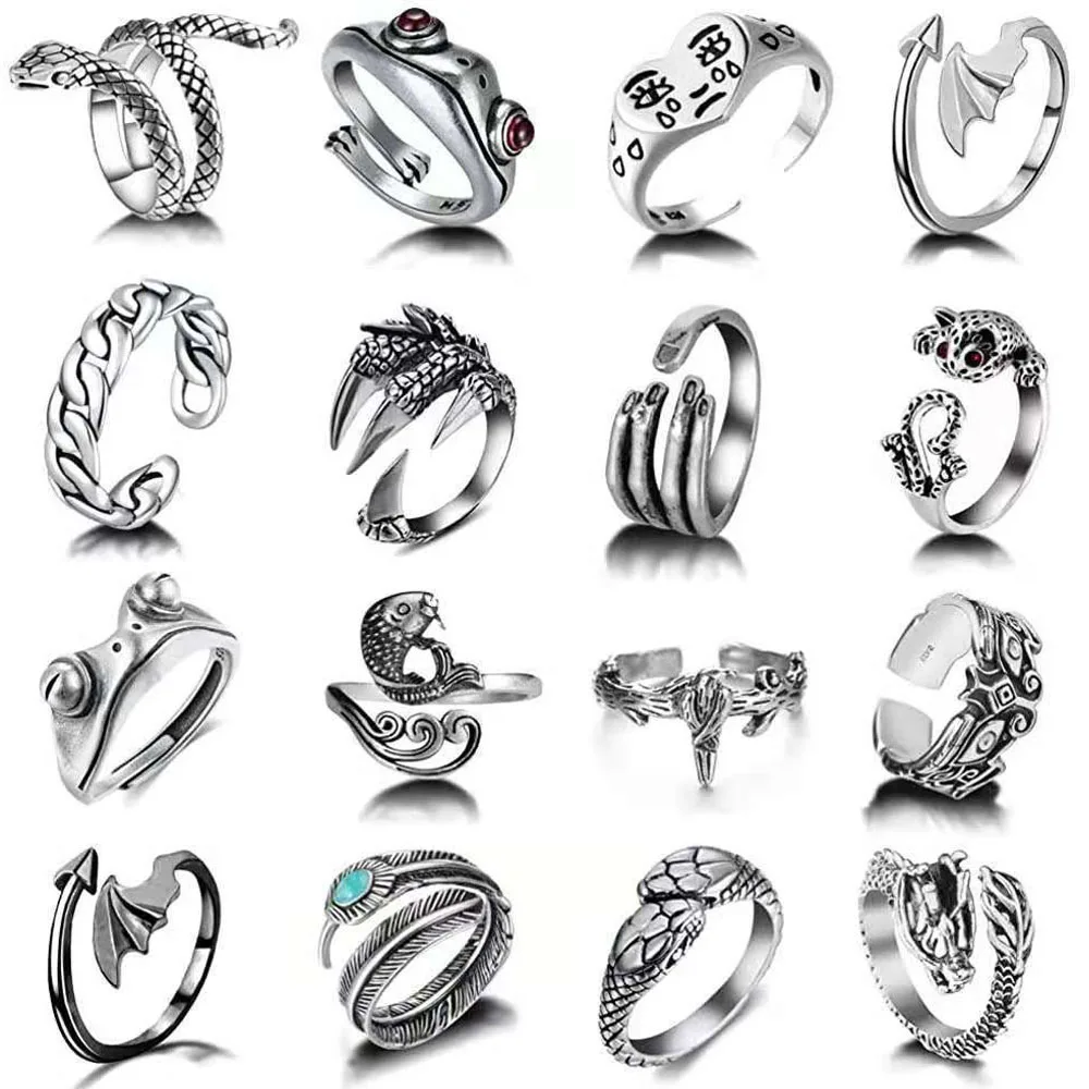 16Pcs Rings Set Vintage Punk Rings for Men Adjustable Dragon Snake Frog Skull Alloy Cool Gothic Jewelry for Men Women